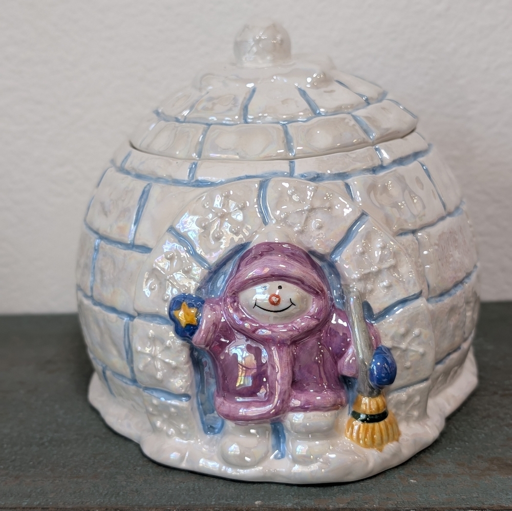 WCL Cookie Jar Canister Snowman Igloo Iridescent Snowflake Winter Snow Holiday